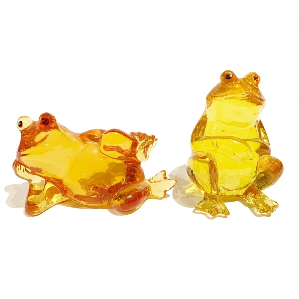 Vintage Handmade in USA Aqua Glass Frog Figurines Yellow Orange Ft Myers Florida
